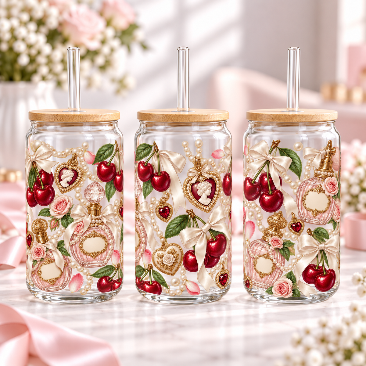 Vintage Pearl Cherry clear 16oz glass can — three views; listing includes one cup