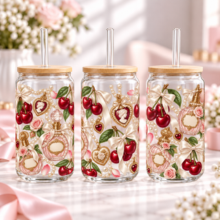 Vintage Pearl Cherry clear 16oz glass can — three views; listing includes one cup