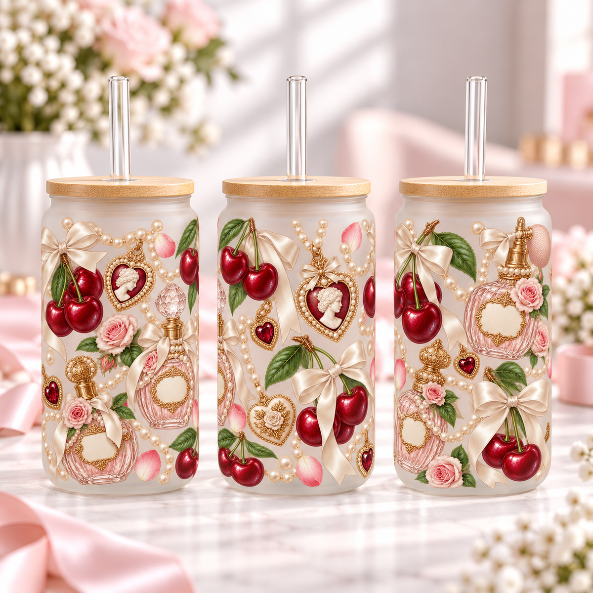 Vintage Pearl Cherry frosted 16oz glass can — three views; listing includes one cup