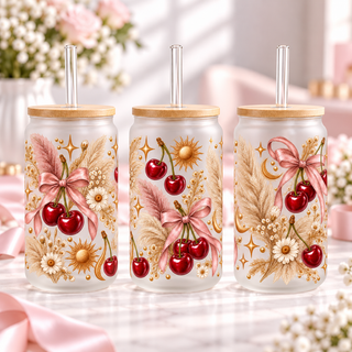 Boho Cherry Pampas frosted 16oz glass can — three views; listing includes one cup