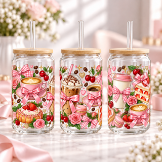 Bow-Filled Coffee Bar clear 16oz glass can — three views; listing includes one cup