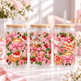 Bow-Filled Coffee Bar frosted 16oz glass can — three views; listing includes one cup