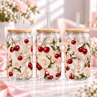 Bridal Ivory Cherry clear 16oz glass can — three views; listing includes one cup
