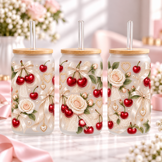 Bridal Ivory Cherry frosted 16oz glass can — three views; listing includes one cup