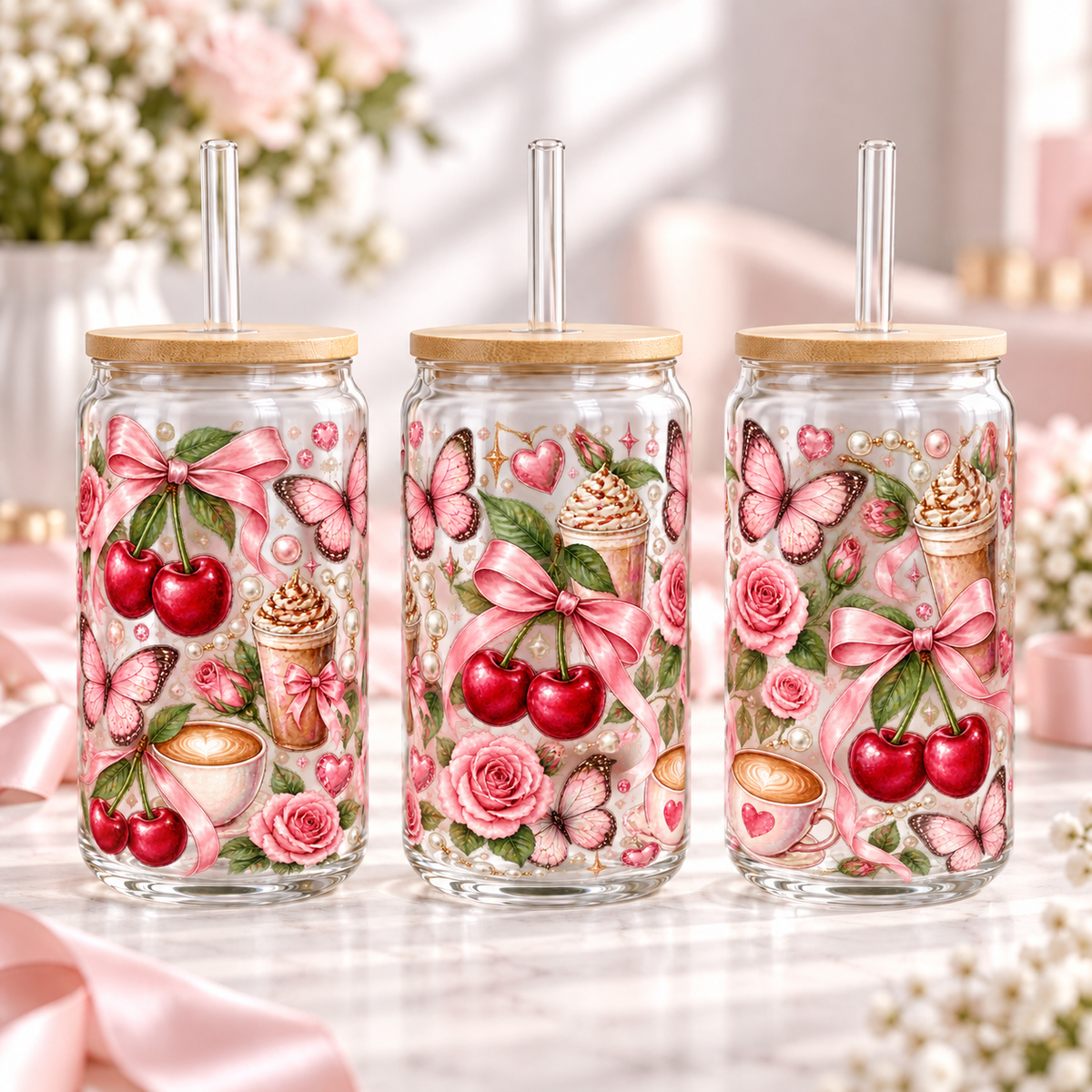 Cherry Bow Butterflies clear 16oz glass can — three views; listing includes one cup