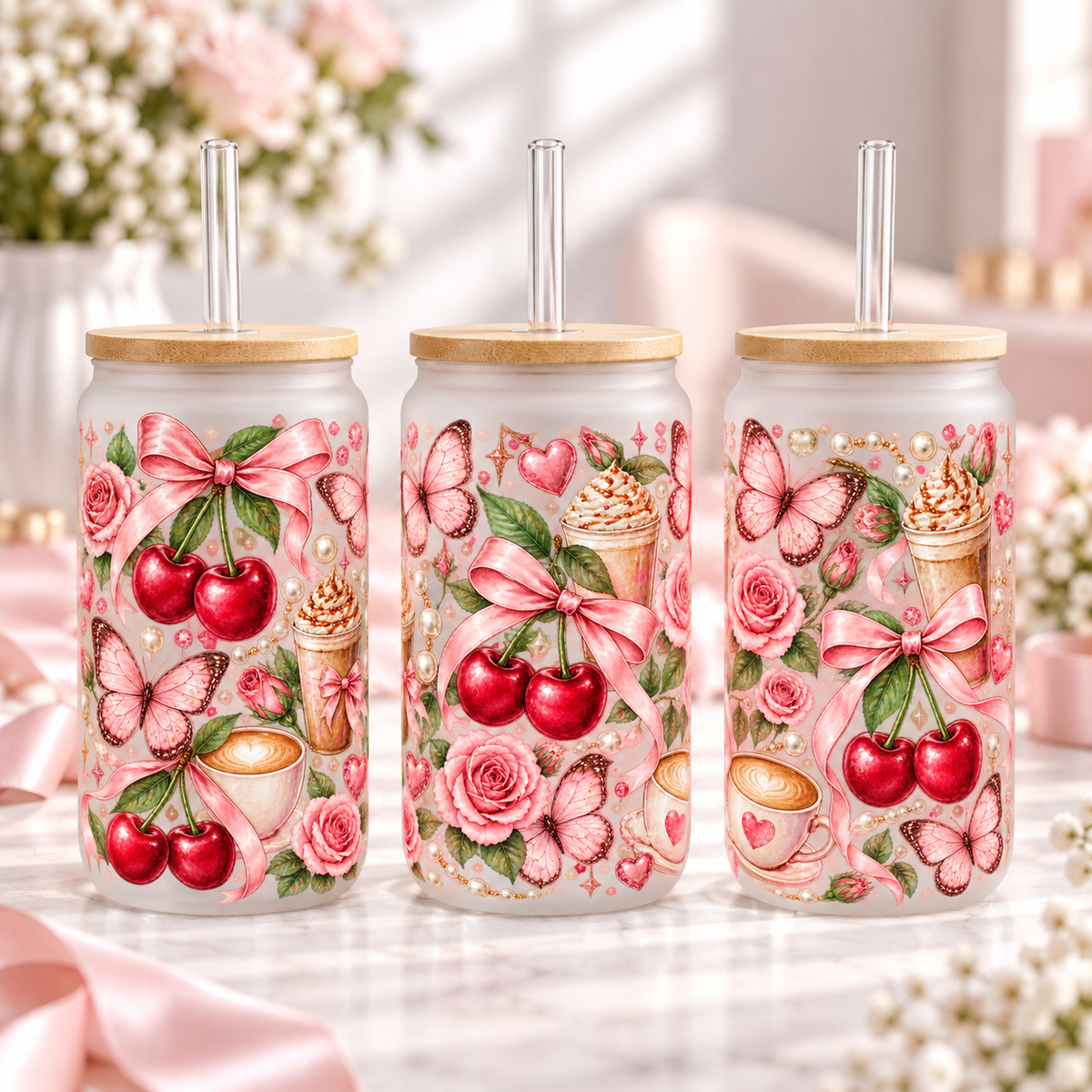 Cherry Bow Butterflies frosted 16oz glass can — three views; listing includes one cup