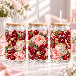 Cherry Peony Luxe clear 16oz glass can — three views; listing includes one cup