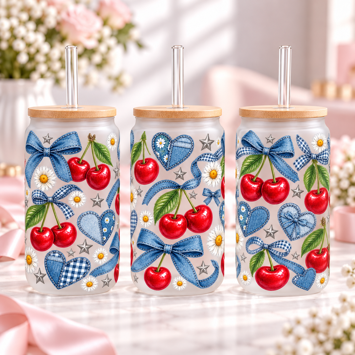 Denim Cherry Patchwork frosted 16oz glass can — three views; listing includes one cup