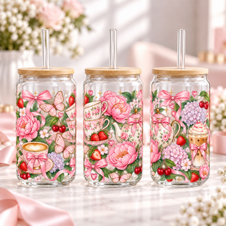 Garden Party Coquette clear 16oz glass can — three views; listing includes one cup