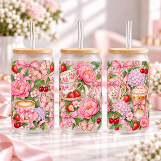 Garden Party Coquette frosted 16oz glass can — three views; listing includes one cup