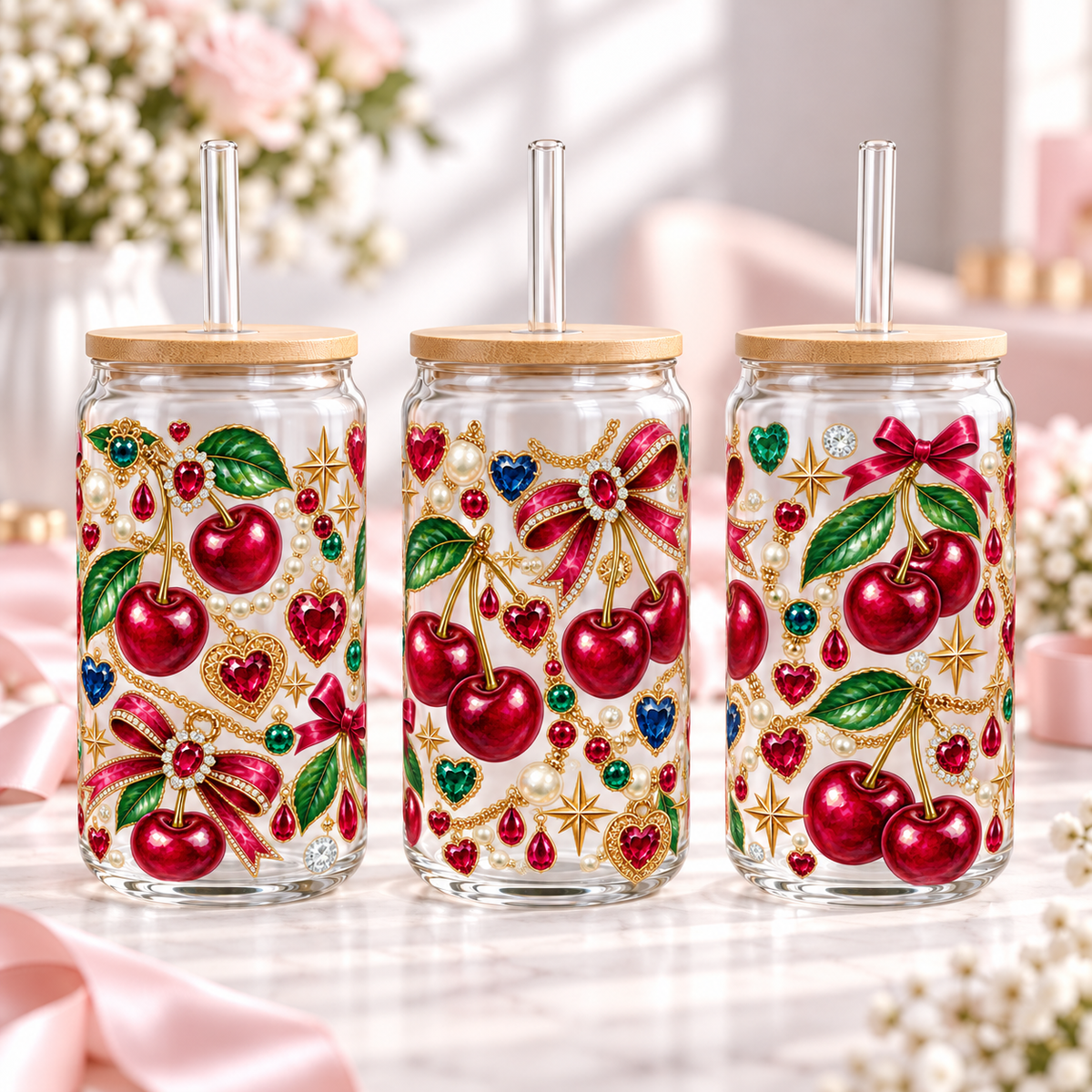 Maximalist Jewel Cherry clear 16oz glass can — three views; listing includes one cup