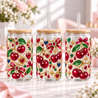 Maximalist Jewel Cherry clear 16oz glass can — three views; listing includes one cup