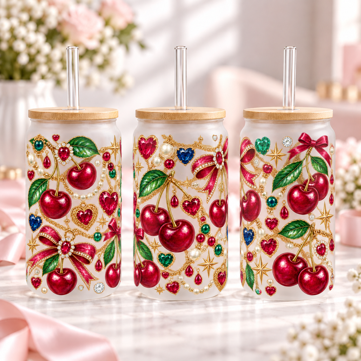 Maximalist Jewel Cherry frosted 16oz glass can — three views; listing includes one cup