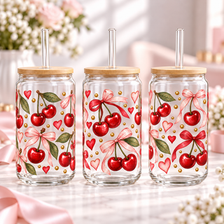 Minimal Cherry Bows clear 16oz glass can — three views; listing includes one cup