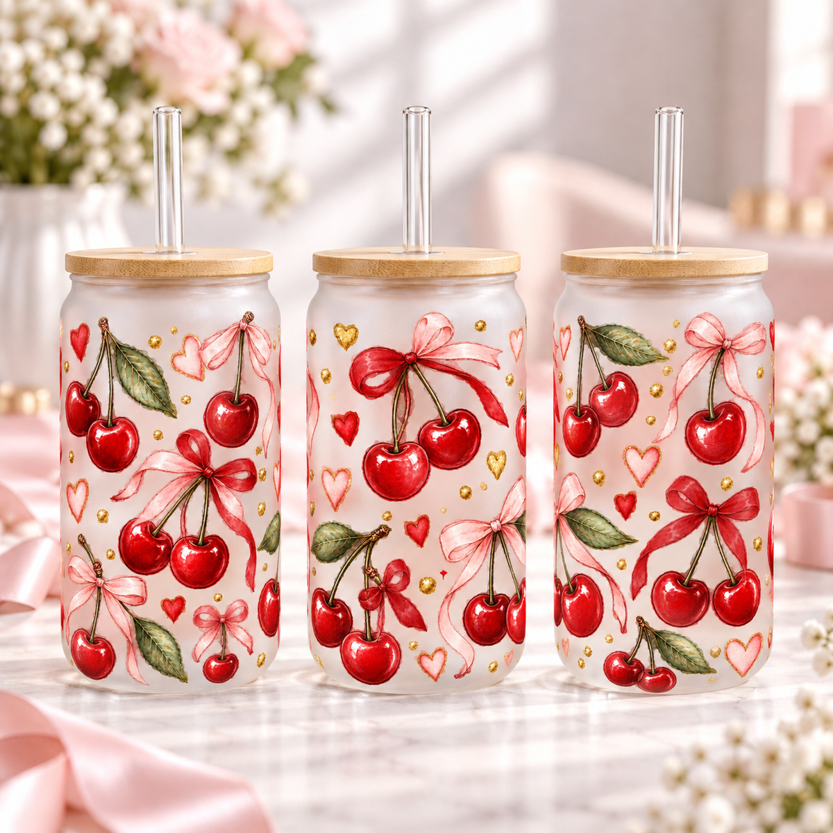 Minimal Cherry Bows frosted 16oz glass can — three views; listing includes one cup