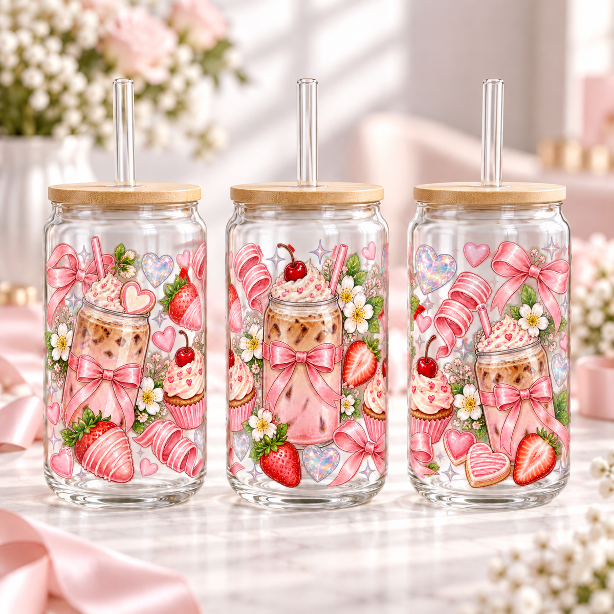 Pastel Candy Coffee clear 16oz glass can — three views; listing includes one cup