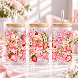 Pastel Candy Coffee frosted 16oz glass can — three views; listing includes one cup