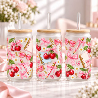 Preppy Cherry Stationery frosted 16oz glass can — three views; listing includes one cup