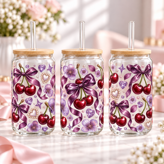 Purple Plum Cherry clear 16oz glass can — three views; listing includes one cup