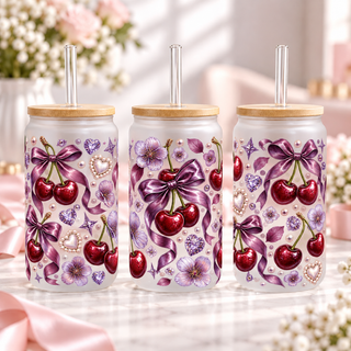 Purple Plum Cherry frosted 16oz glass can — three views; listing includes one cup