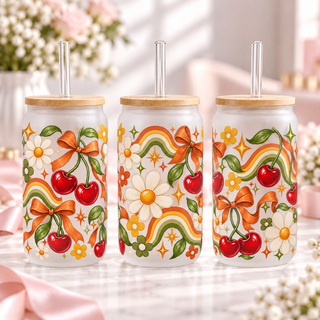 Retro Orange Cherry frosted 16oz glass can — three views; listing includes one cup