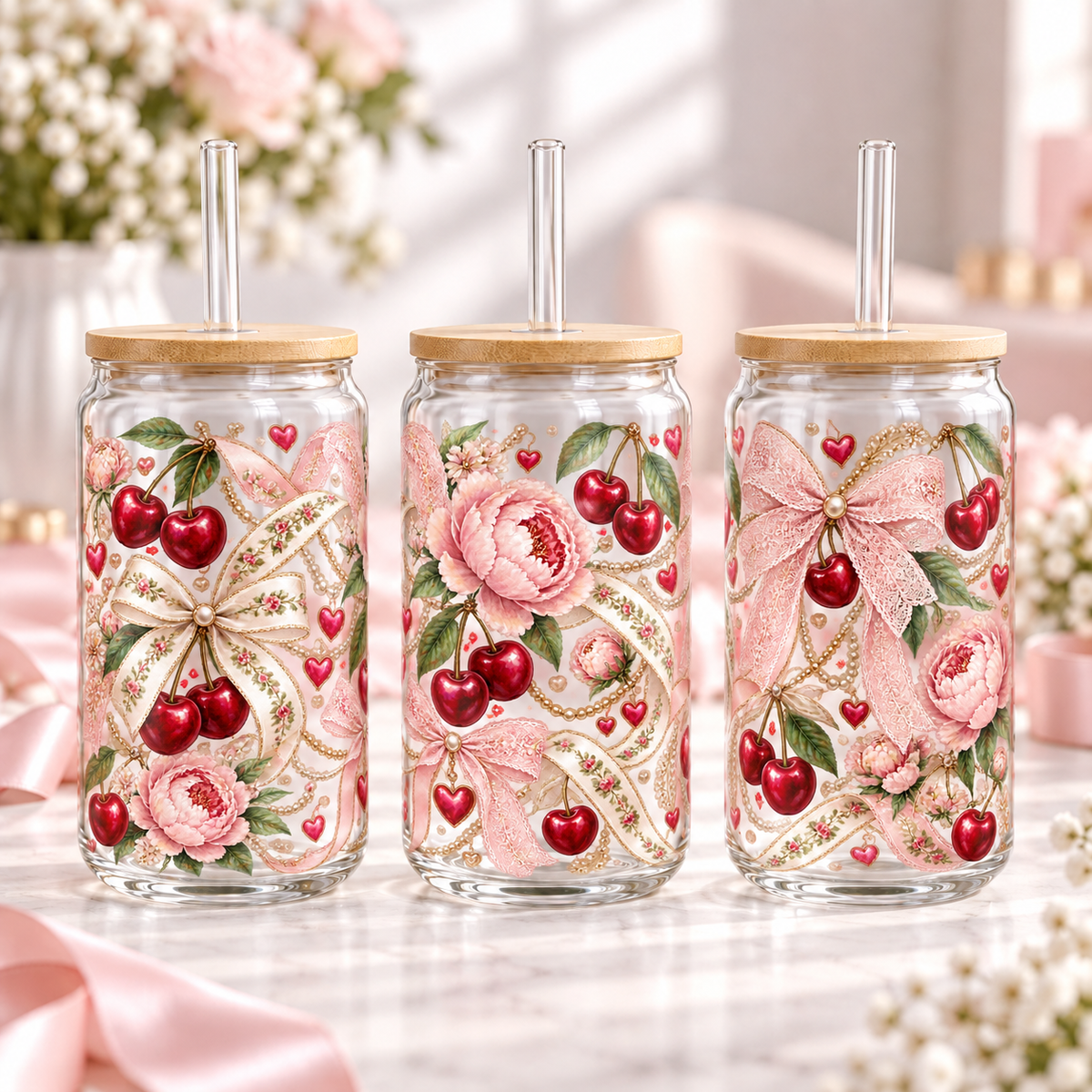 Romantic Lace Cherry clear 16oz glass can — three views; listing includes one cup
