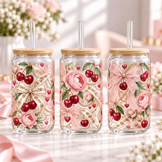 Romantic Lace Cherry clear 16oz glass can — three views; listing includes one cup