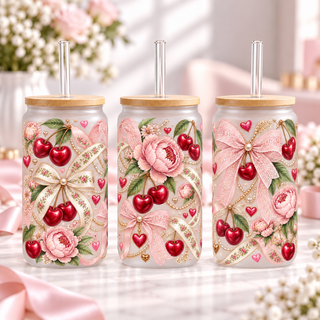 Romantic Lace Cherry frosted 16oz glass can — three views; listing includes one cup