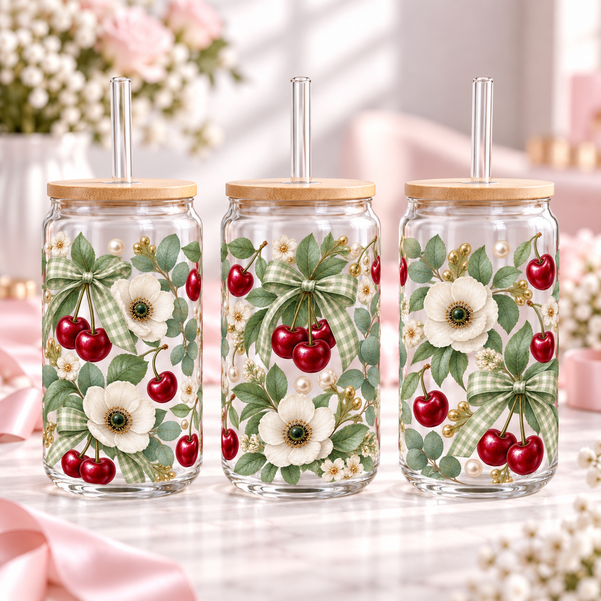 Sage Cherry Botanical clear 16oz glass can — three views; listing includes one cup