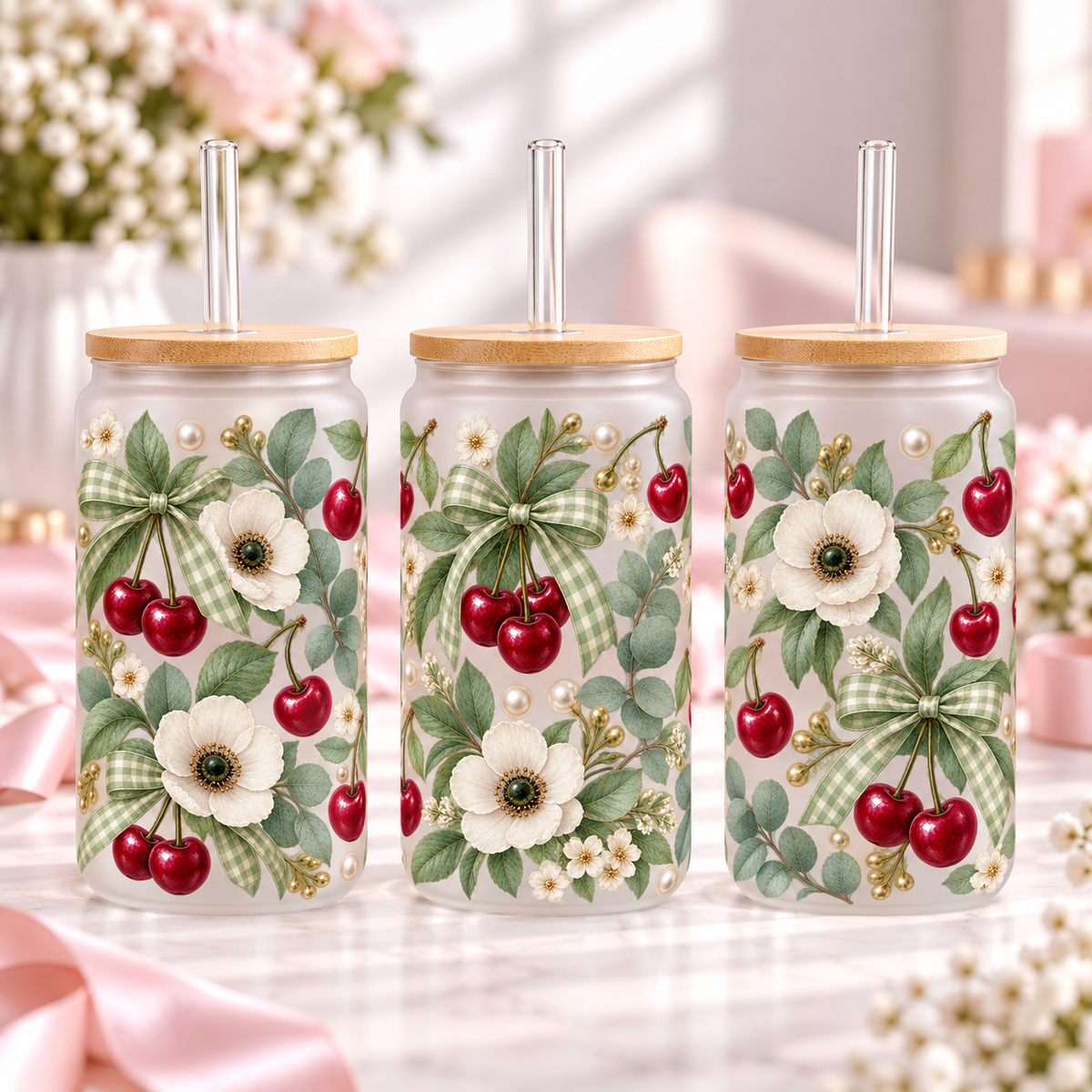 Sage Cherry Botanical frosted 16oz glass can — three views; listing includes one cup