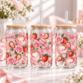 Strawberry Rose Latte clear 16oz glass can — three views; listing includes one cup