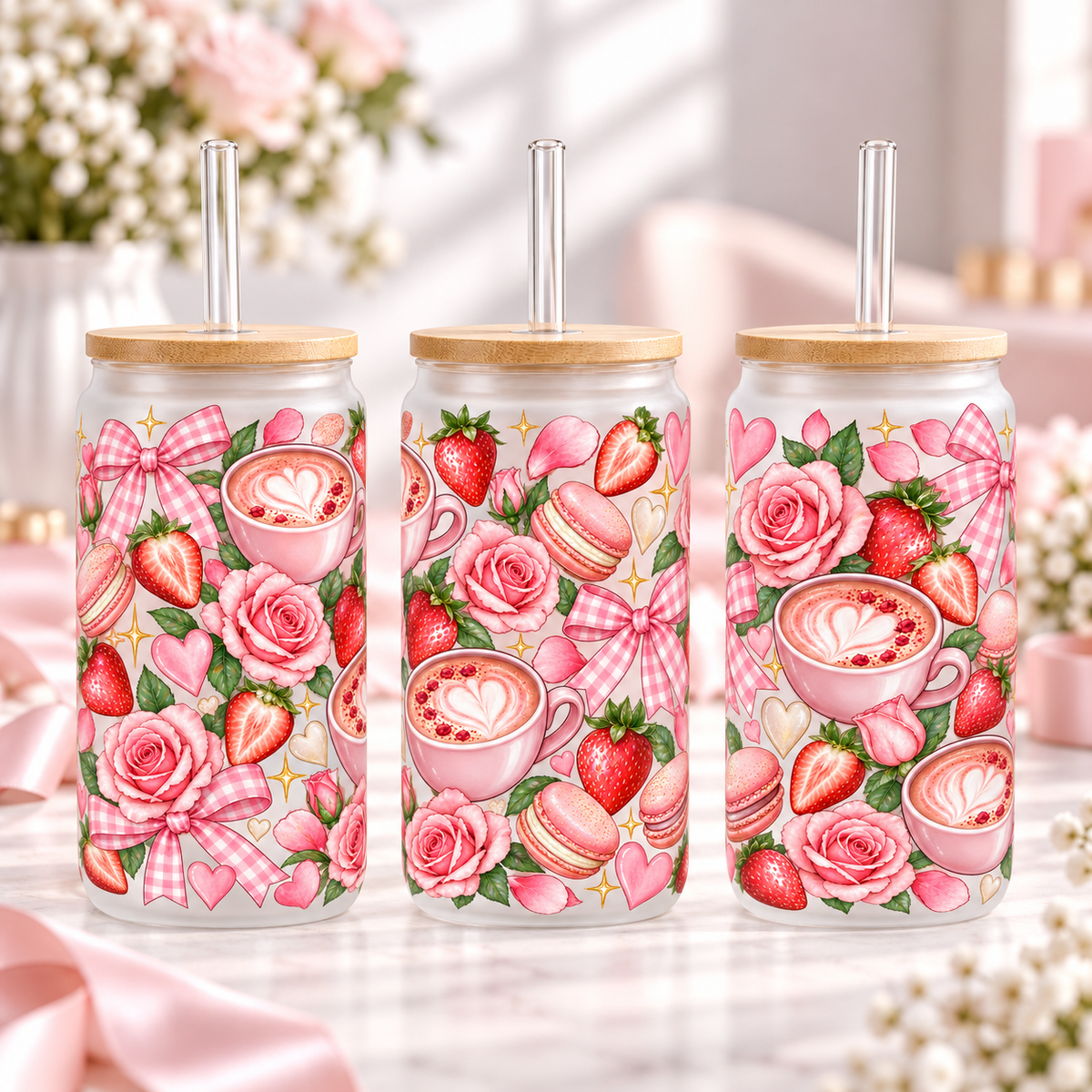 Strawberry Rose Latte frosted 16oz glass can — three views; listing includes one cup