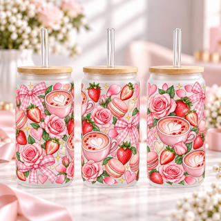 Strawberry Rose Latte frosted 16oz glass can — three views; listing includes one cup