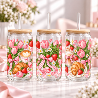 Strawberry Tulip Morning clear 16oz glass can — three views; listing includes one cup