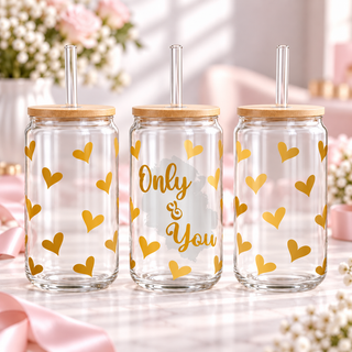 Only & You Golden Hearts clear 16oz glass can — three views; listing includes one cup