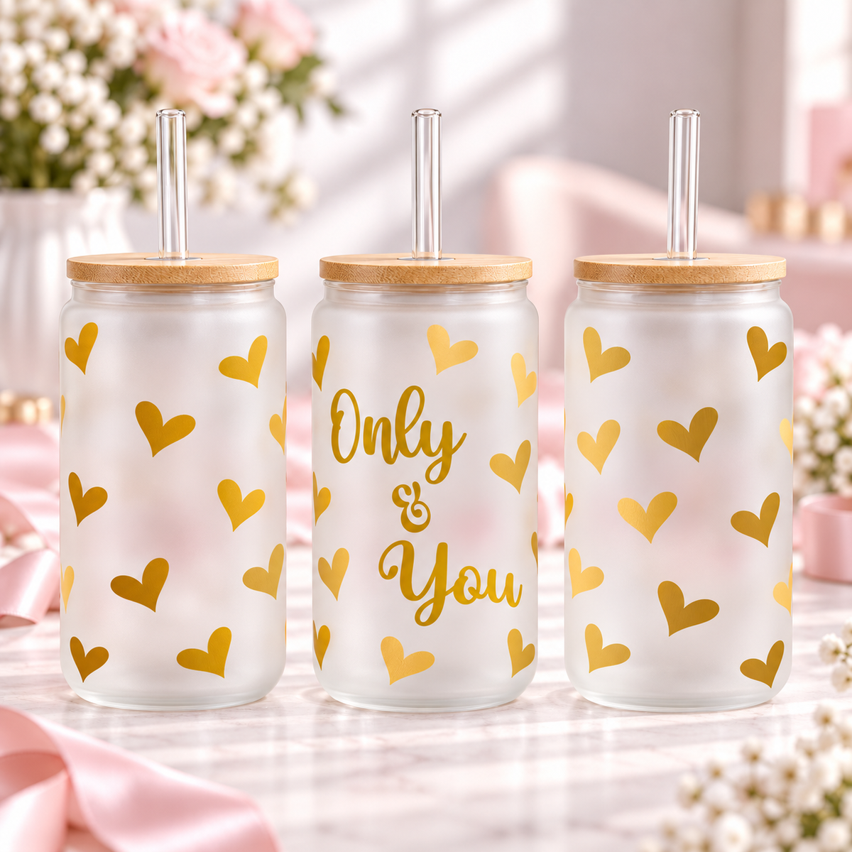 Only & You Golden Hearts frosted 16oz glass can — three views; listing includes one cup