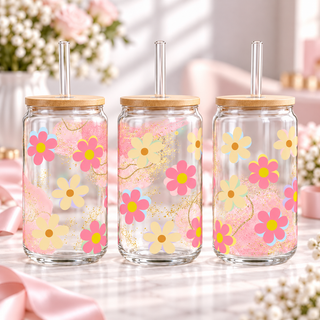 Pastel Daisies & Pink Swirls clear 16oz glass can — three views; listing includes one cup