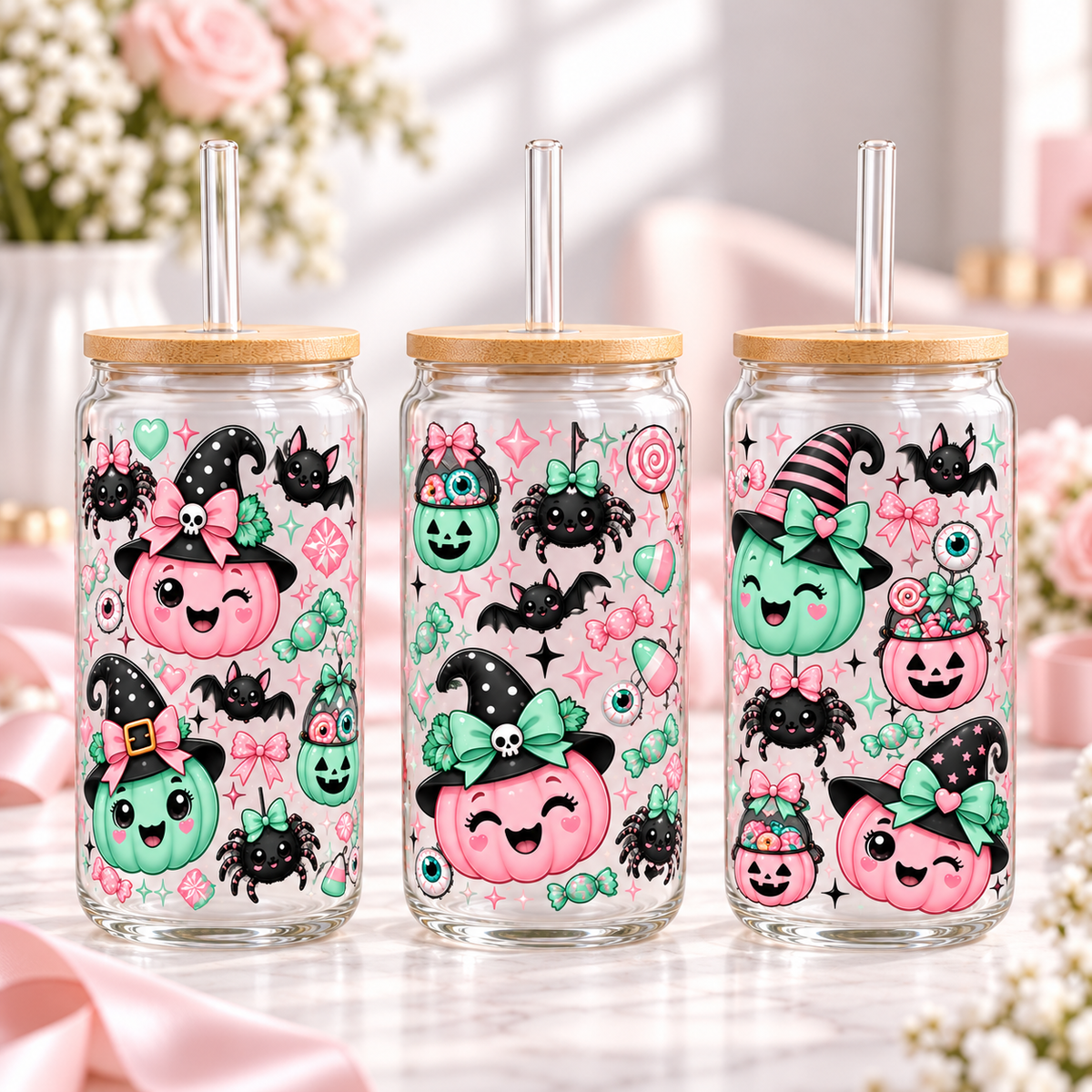 Pastel Pink & Mint Cute Witch Halloween Glass Can Tumbler — clear; complementary views of one product