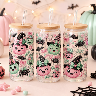 Pastel Pink & Mint Cute Witch Halloween Glass Can Tumbler – alternate lifestyle view