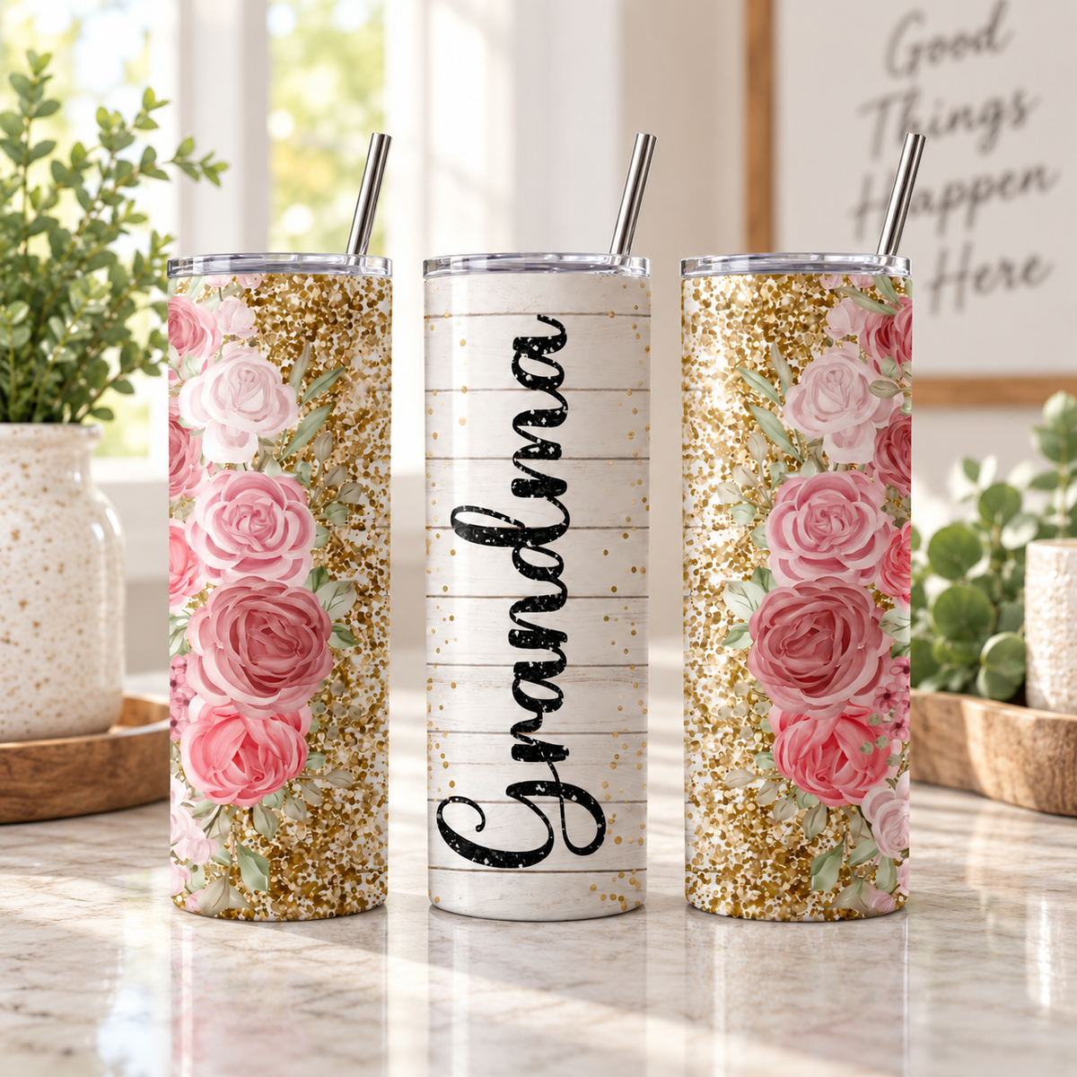 Personalized Floral Name 20oz Skinny Tumbler – three-tumbler realistic lifestyle mockup