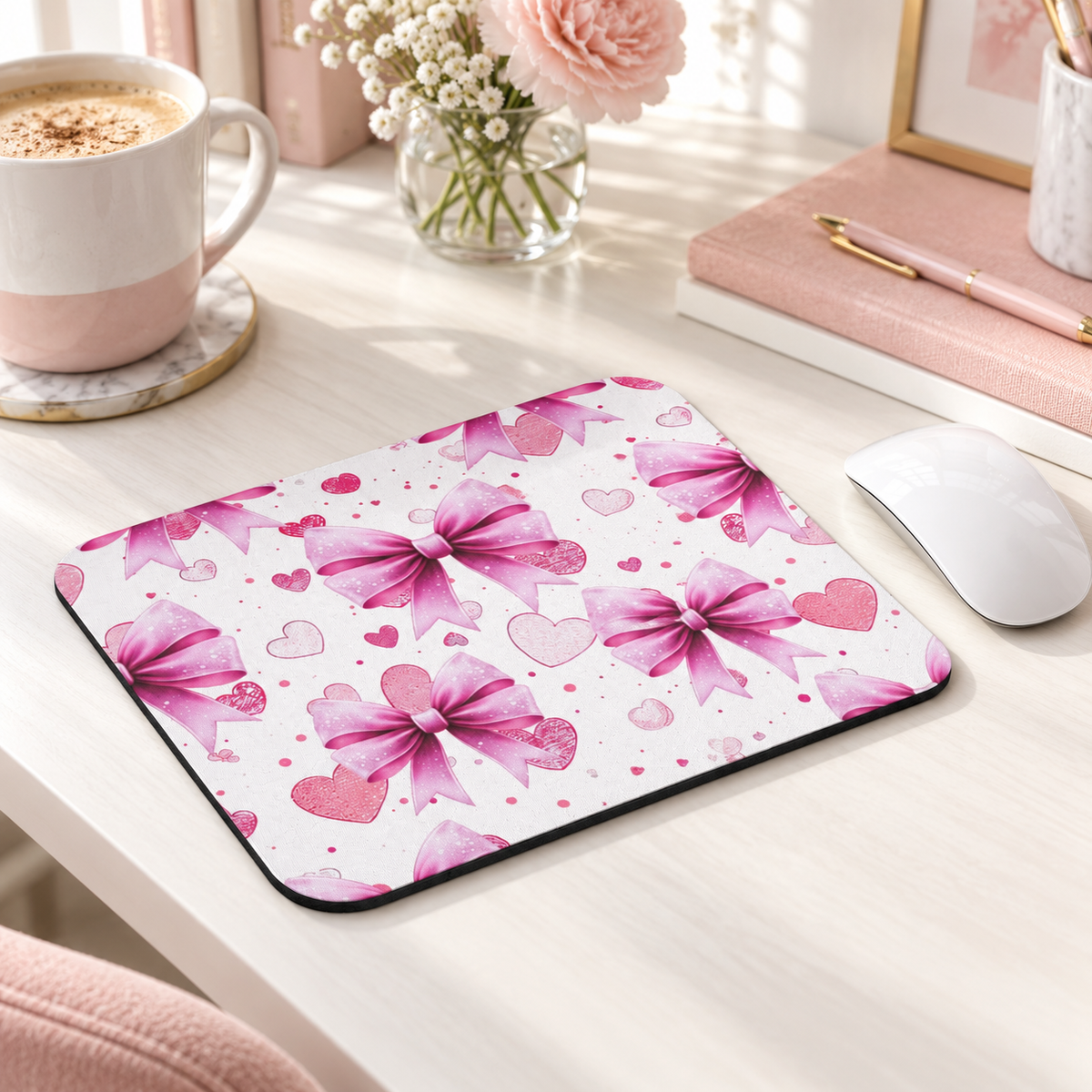 Pink Bow & Hearts Mouse Pad – Cute Girly Desk Accessory – realistic lifestyle mockup