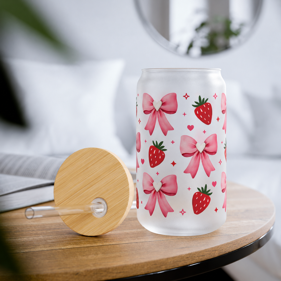 Pink Bows & Strawberries 16oz Glass Can – Cute Sipper Cup