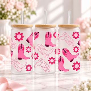 Pink Cowgirl Boots Glass Can with Bamboo Lid & Glass Straw — frosted; complementary views of one product
