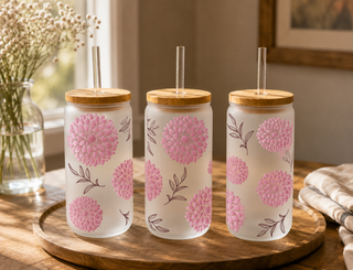 Pink Dahlia Floral 16oz frosted glass tumbler