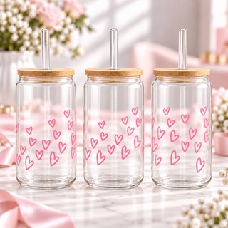 Pink Heart Glass Can with Bamboo Lid & Glass Straw — clear; complementary views of one product