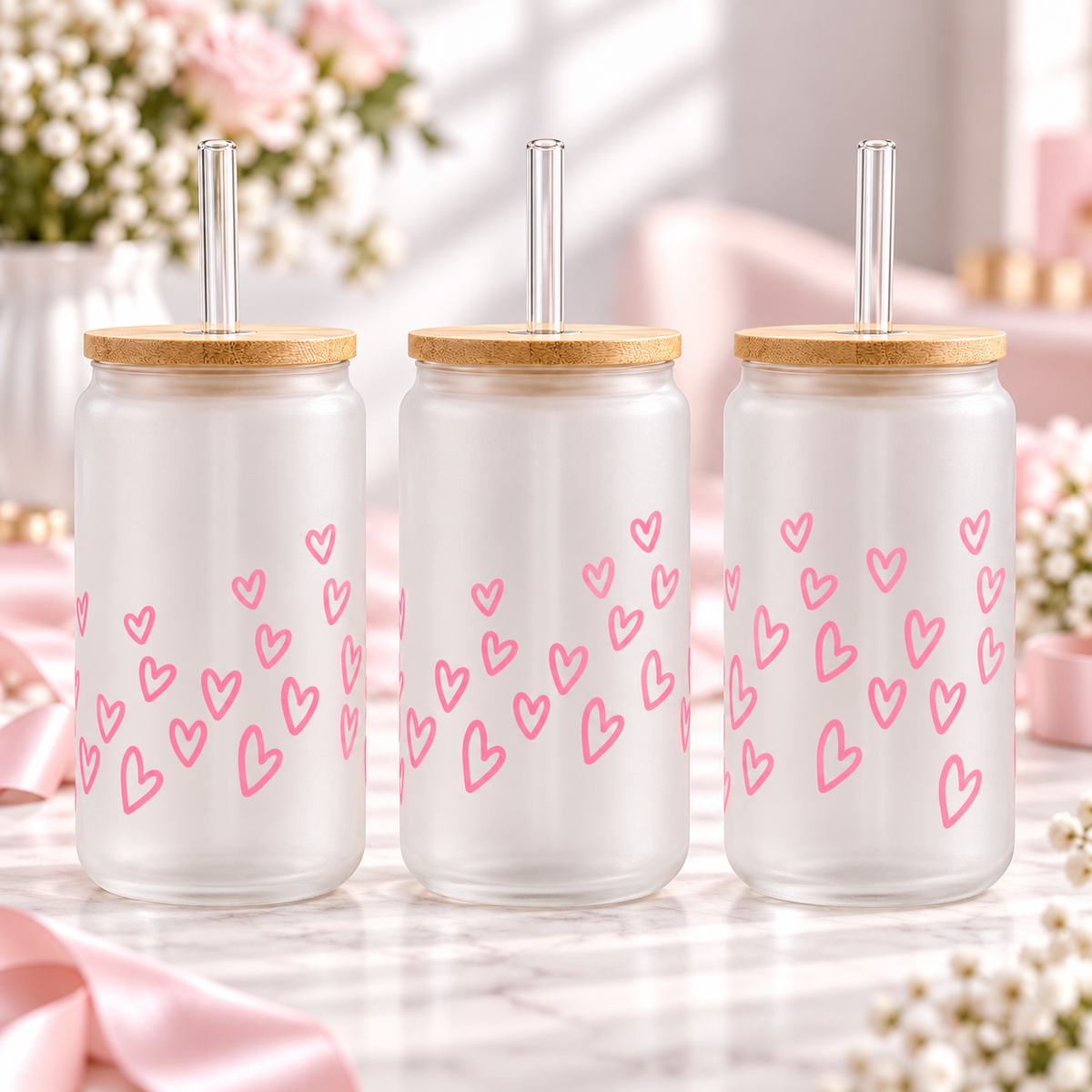 Pink Heart Glass Can with Bamboo Lid & Glass Straw — frosted; complementary views of one product
