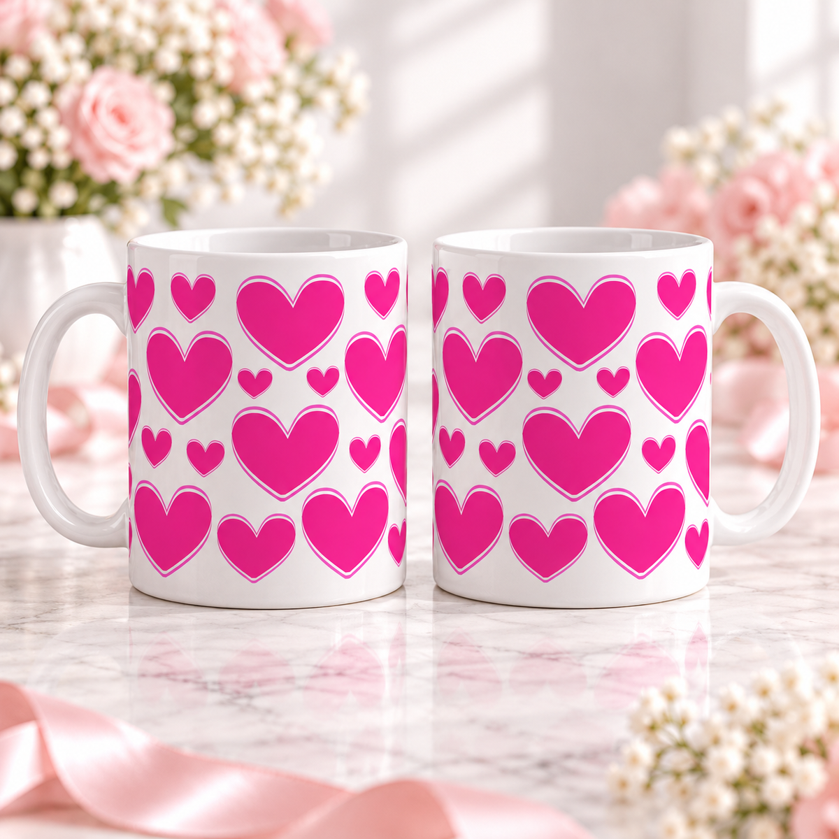 Pink Hearts Mug – Cute Romantic Love Coffee Cup — mug; complementary views of one product