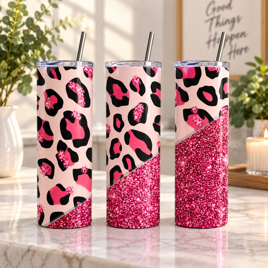 Pink Leopard Print Glitter 20oz Skinny Tumbler