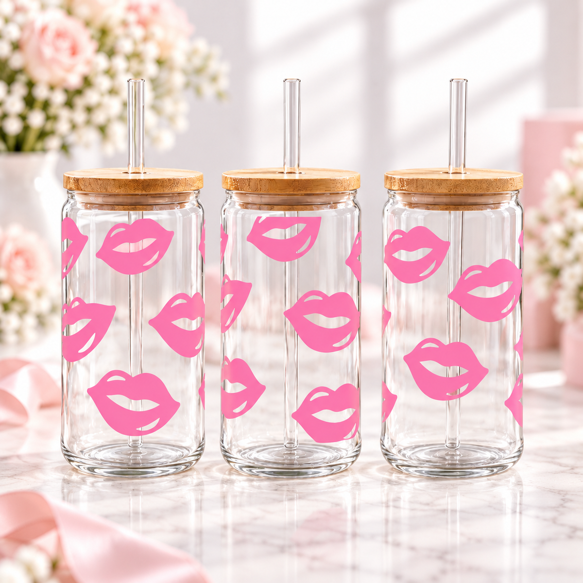 Pink Lips Glass Can with Bamboo Lid & Glass Straw — clear; complementary views of one product