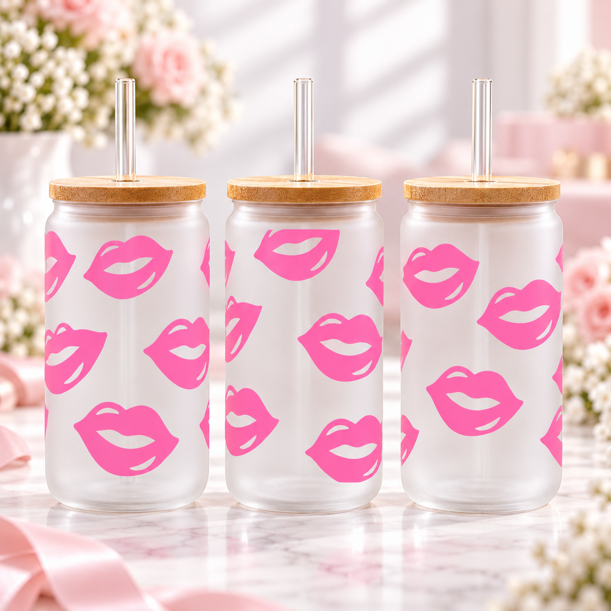 Pink Lips Glass Can with Bamboo Lid & Glass Straw — frosted; complementary views of one product